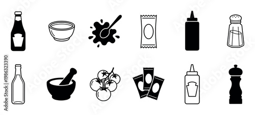 Diverse collection of condiment and spice icons featuring bottles, shakers, packets, and fresh tomatoes, rendered in a clean, modern black and white graphic style