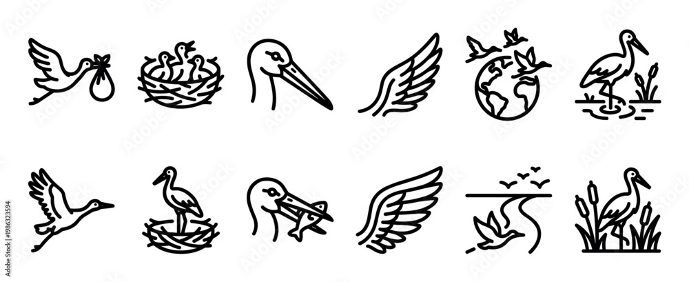 Obraz premium Collection of black outline bird icons depicting storks, doves, nests, wings, and various natural scenes in a minimalist graphic style