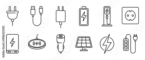 Comprehensive set of electrical power and charging icons, depicted as clean black outline illustrations, representing various energy solutions and devices for modern technology