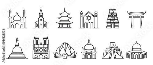 Twelve distinct line art icons depict global religious and cultural architecture, showcasing various sacred and historical structures from around the world in a clean, minimalist vector style