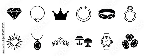 Collection of elegant black and white jewelry icons featuring diamonds, rings, necklaces, crowns, and watches, presented in a clean, minimalist style