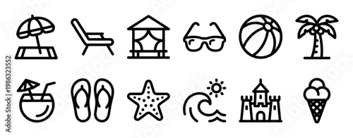 Collection of black outline summer vacation icons features various beach and holiday elements, rendered in a clean, modern, and simple line art style