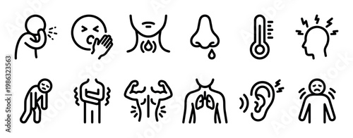 Black outline medical symptom icons illustrate common illnesses and health problems, depicting various discomforts like coughing, fever, and body aches with a clean, minimalist style