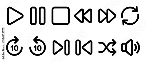 Collection of black outline media player control icons, including play, pause, stop, rewind, fast forward, repeat, shuffle, and volume, presented with a clean, modern aesthetic