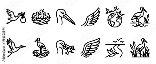 Collection of black outline bird icons depicting storks, doves, nests, wings, and various natural scenes in a minimalist graphic style