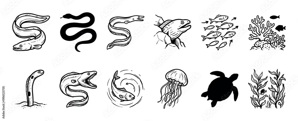 Obraz premium Diverse hand-drawn black and white marine life illustrations featuring eels, fish, coral, jellyfish, and a sea turtle in a simple, graphic sketch style