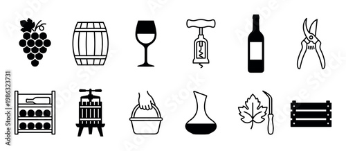 Comprehensive collection of black and white wine and winemaking icons, featuring grapes, barrels, bottles, glasses, tools, and equipment in a clean, illustrative style