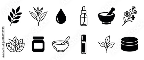 This diverse collection of natural beauty and skincare icons features various botanical elements, essential oils, and preparation tools, rendered in a clean, minimalist style
