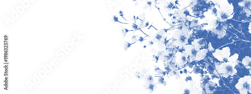 Cyanotype vector print with floral pattern. Abstract flower silhouette textured with dots. Botanical element for artistic design, stationery, greeting card and wedding background.