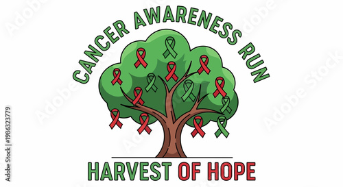 Cancer Awareness Run Promoting Hope and Community with Ribbon-Adorned Tree Graphics