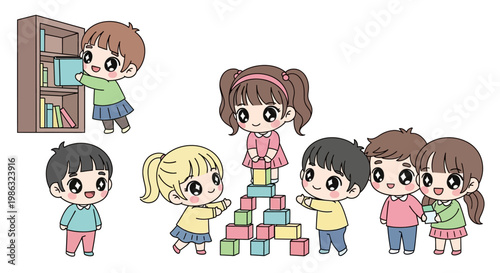 Children Playing With Colorful Blocks Together.