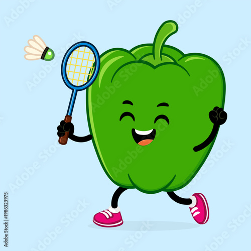 Green bell pepper cartoon playing badminton promoting healthy lifestyle