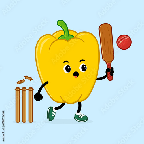 Yellow bell pepper cartoon playing cricket sport