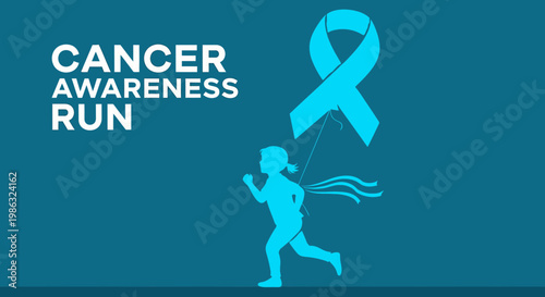 Cancer Awareness Run Symbolized by a Running Figure Holding a Ribbon in Turquoise Color