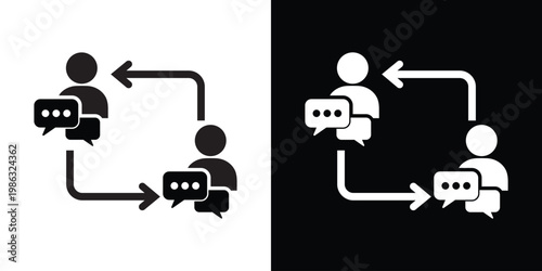Two people profile icons with speech bubbles and directional arrows. Flat vector icon representing social interaction, customer feedback, peer dialogue, and information exchange workflow.