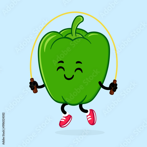 Green bell pepper cartoon character skipping rope for fitness