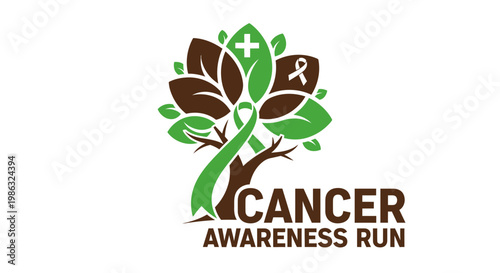 Cancer Awareness Run Visual: Symbolic Tree, Ribbon, And Green, Brown, White Colors Combination