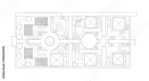 Architectural site plan of a modern residential complex with landscaping and geometric building layouts