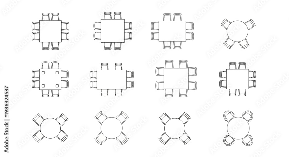 Fototapeta premium Top view set of dining tables and chairs