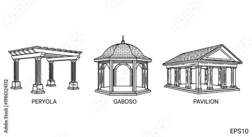 Set of architectural structures, pergola, gazebo and pavilion, vector illustration