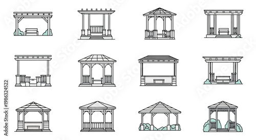 Set of garden gazebos and pergolas, outdoor wooden structures for park or backyard