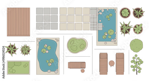 Top view of garden landscape elements set with deck, swimming pool, plants, and lounge chairs
