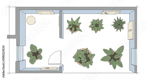 Top view of a modern interior room floor plan with potted plants and furniture