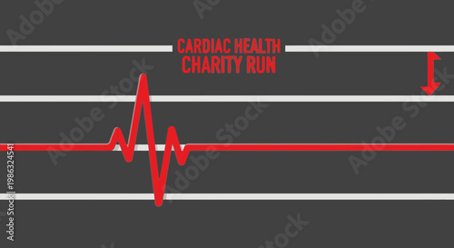 Cardiac Health Charity Run Display with Red Pulse Waveform Depiction and Arrow Icon