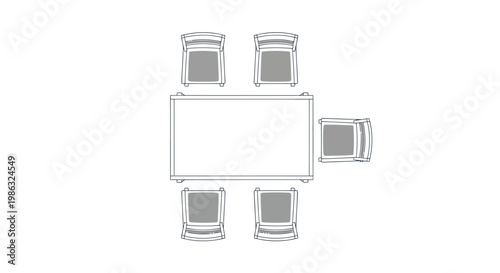 Top view of a rectangular dining table with five chairs arranged around it