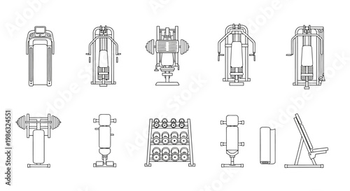 Set of gym equipment icons, vector illustration of fitness machines and workout tools