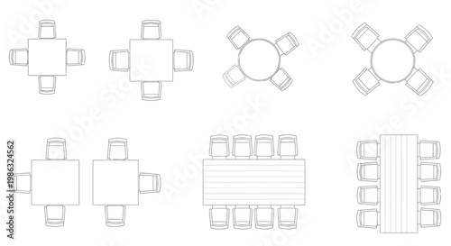 Top view of various dining table and chair sets