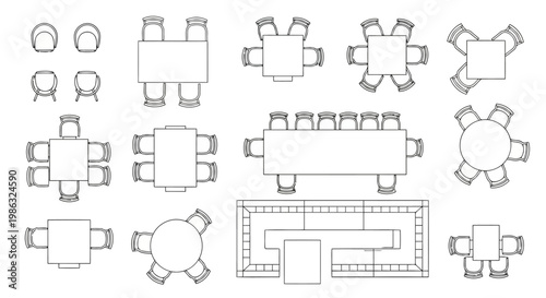 Top view of various office and dining furniture sets