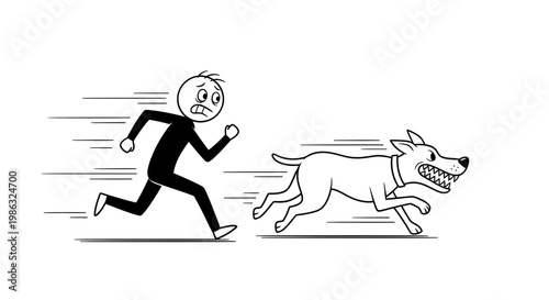 Cartoon Illustration Depicting a Person Being Chased by an Aggressive Dog in a Panic