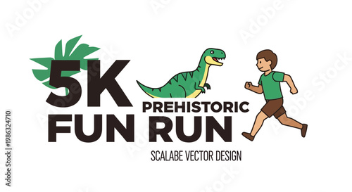 Cartoon Illustration Of A Fun 5K Run Event Featuring A Prehistoric Creature And Runner