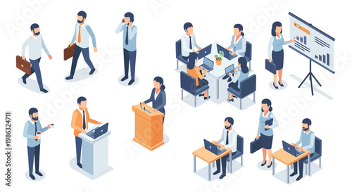 Set of isometric business people characters working in office