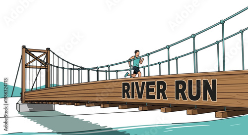 Cartoon Illustration of a Person Running Across a Wooden River Bridge, River Run