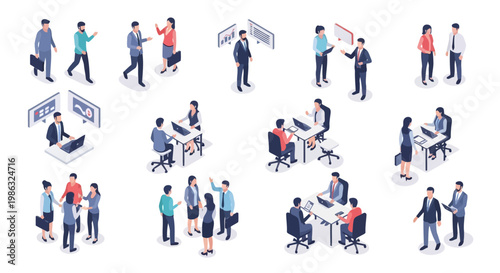 Set of isometric business people characters working in office, meeting, and collaborating