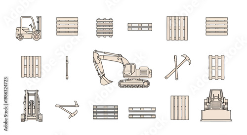 Construction and warehouse equipment icons set including forklift, excavator, bulldozer, and wooden pallets