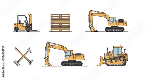 Set of construction machinery and tools including forklift, excavator, bulldozer and wooden pallets