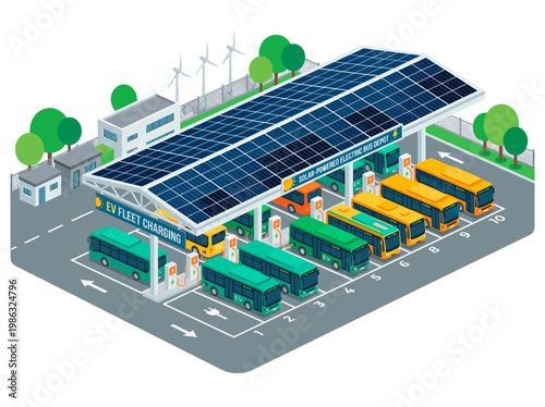 An illustration of an EV fleet charging station, featuring a solar panel roof and multiple buses and vehicles lined up for charging.