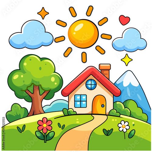 Sunny Cartoon Landscape with Cute House, Tree, Flowers and Mountains – Colorful Vector Illustration