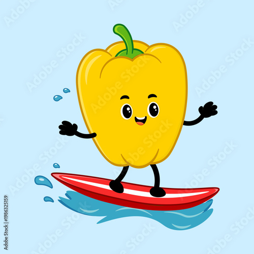 Yellow bell pepper character surfing on a red board