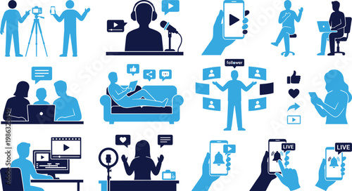 Vlogging and content creation icons with people, devices and social media elements.