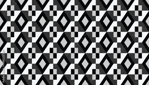 Seamless geometric pattern with black and white rhombus and checkerboard elements.