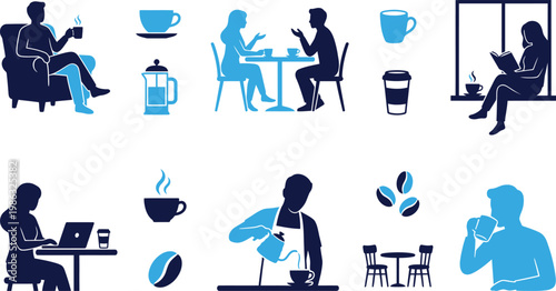 Coffee shop social icons and lifestyle for relaxation and work with beverages.