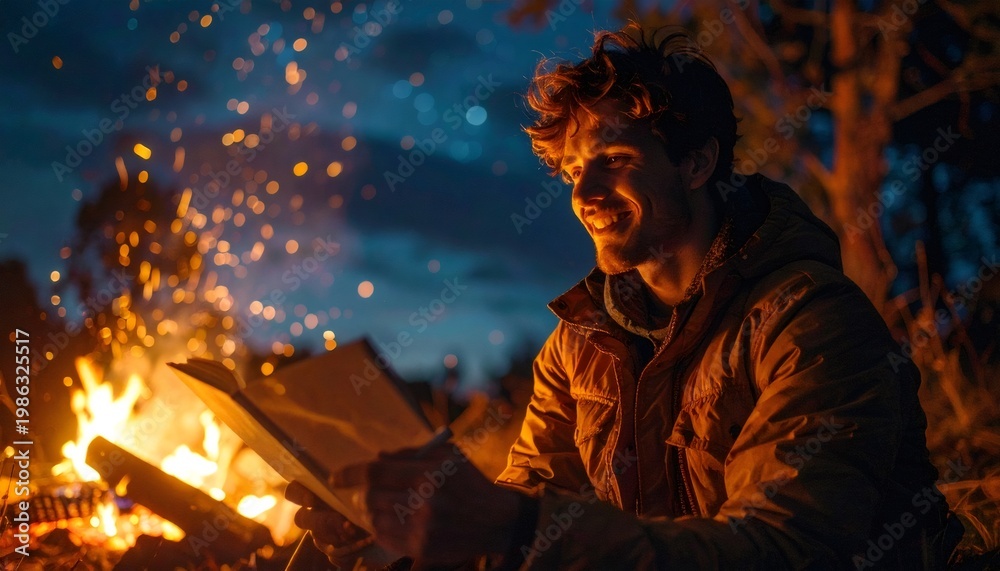 Fototapeta premium Person writing in journal by campfire at night