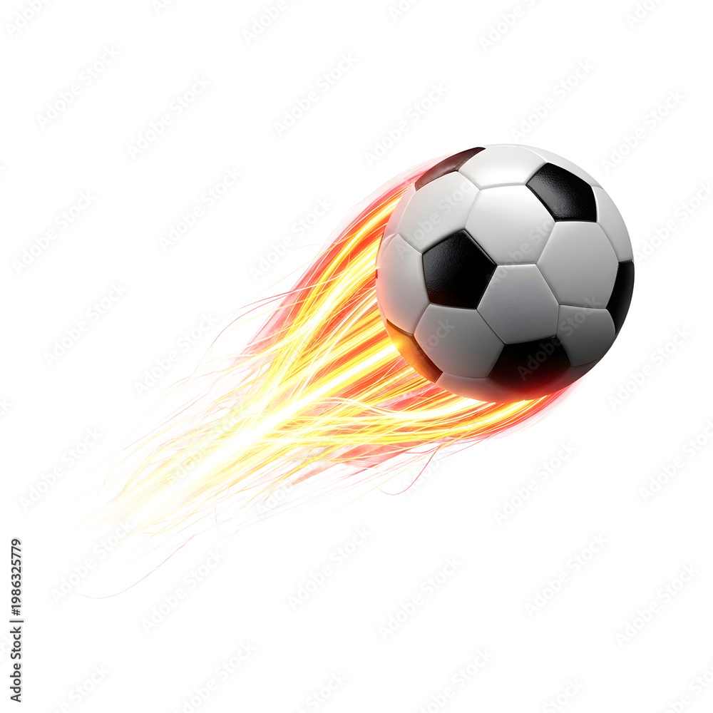 Fototapeta premium Soccer ball flying through air with realistic fire and flame trail effect isolated on white background
