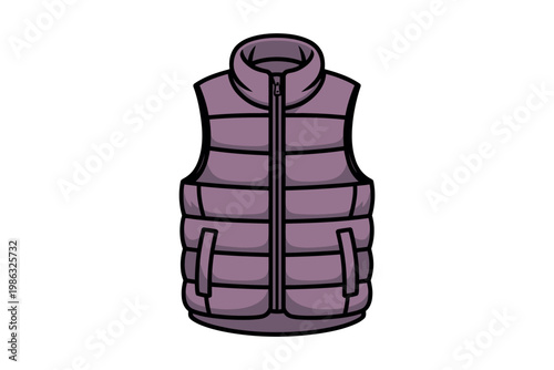 A cartoon-style illustration of a purple puffer vest with a zipper and pockets on a white background