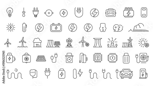 Energy & Electricity Line Icon Set Power, Renewable Energy & Electrical Equipment Collection (60 Icons)