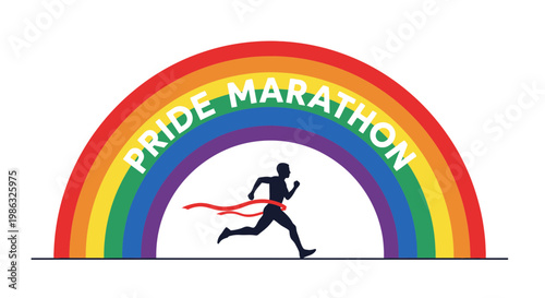 Celebrate Pride Marathon: Rainbow Archway with Silhouette of a Runner Reaching the Finish Line